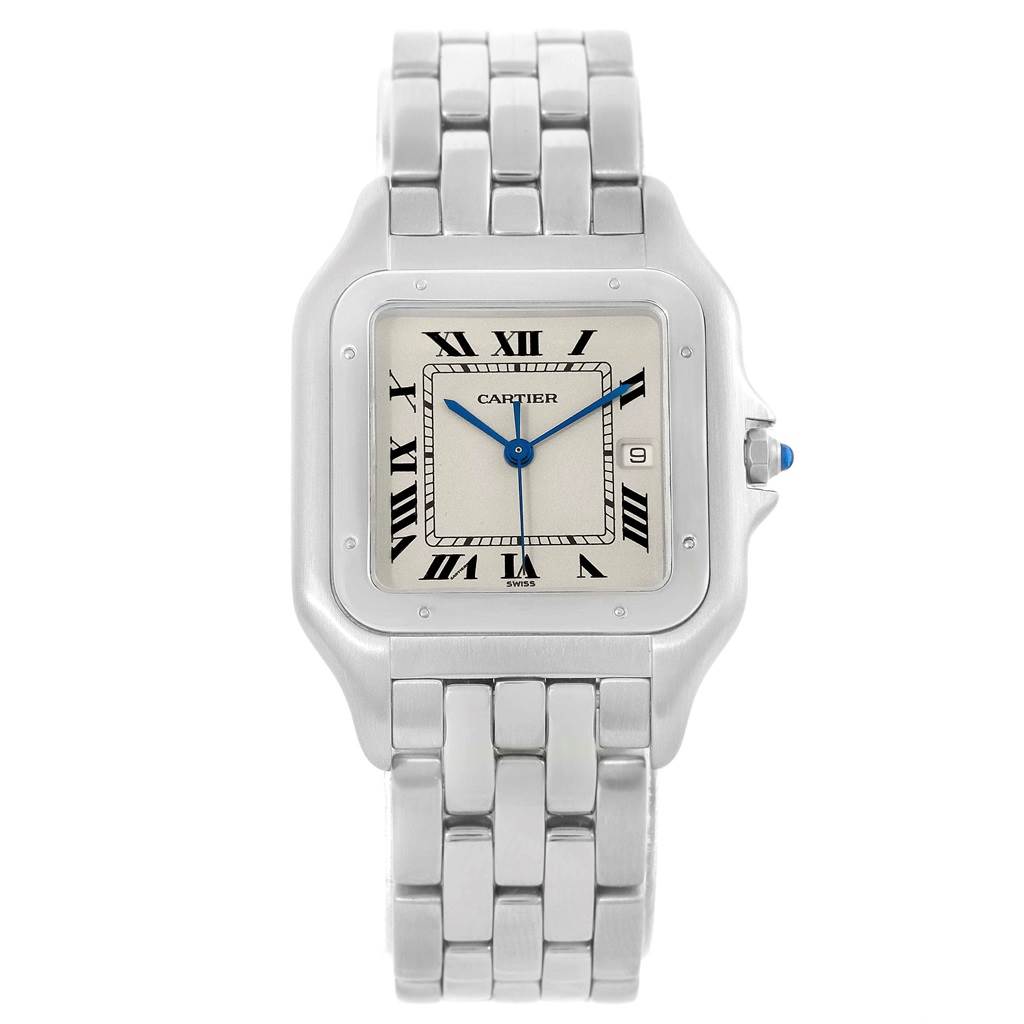 The image shows a front view of the Cartier Panthere W25032P5 Stainless Steel Silver Dial W25032P5 Stainless Steel Silver Dial watch, highlighting its square face, Roman numerals, blue hands, and linked metal band.