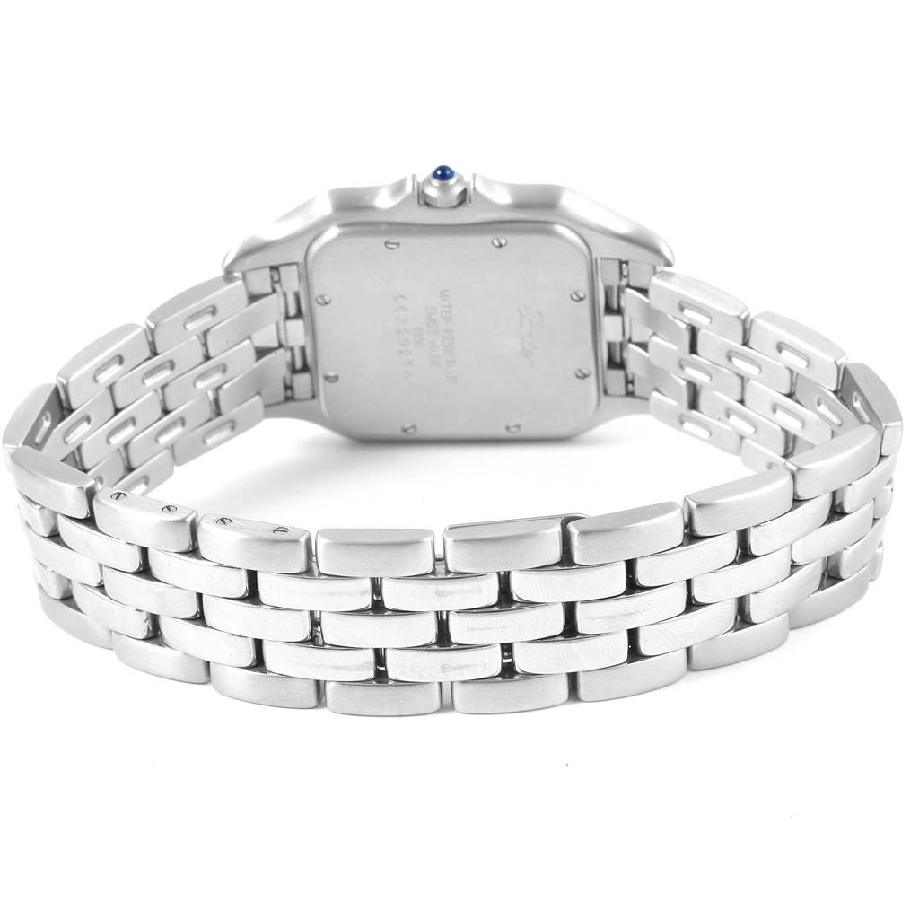 This image shows the back and bracelet of a Cartier Panthere W25032P5 Stainless Steel Silver Dial W25032P5 Stainless Steel Silver Dial watch, displaying the case back and metal links.