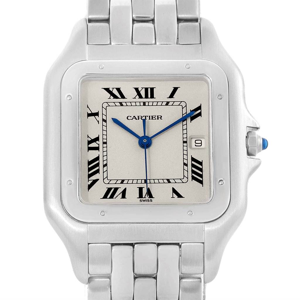 The image shows a front view of the Cartier Panthere W25032P5 Stainless Steel Silver Dial W25032P5 Stainless Steel Silver Dial watch, highlighting the face, bezel, and part of the metal bracelet.