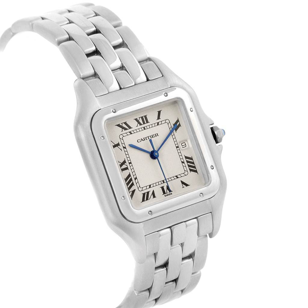 The image shows a Panthere model by Cartier at a three-quarter angle, revealing the dial, bracelet, and case.