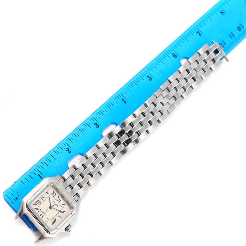 The image shows the full length of a Cartier Panthere W25032P5 Stainless Steel Silver Dial W25032P5 Stainless Steel Silver Dial watch laid next to a blue ruler for size reference.