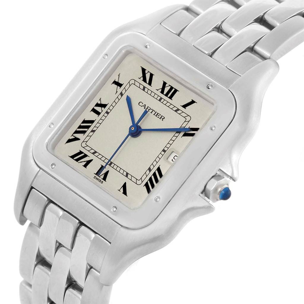 This is a close-up angled view of a Cartier Panthere W25032P5 Stainless Steel Silver Dial W25032P5 Stainless Steel Silver Dial watch, showing the face, crown, and part of the metal bracelet.