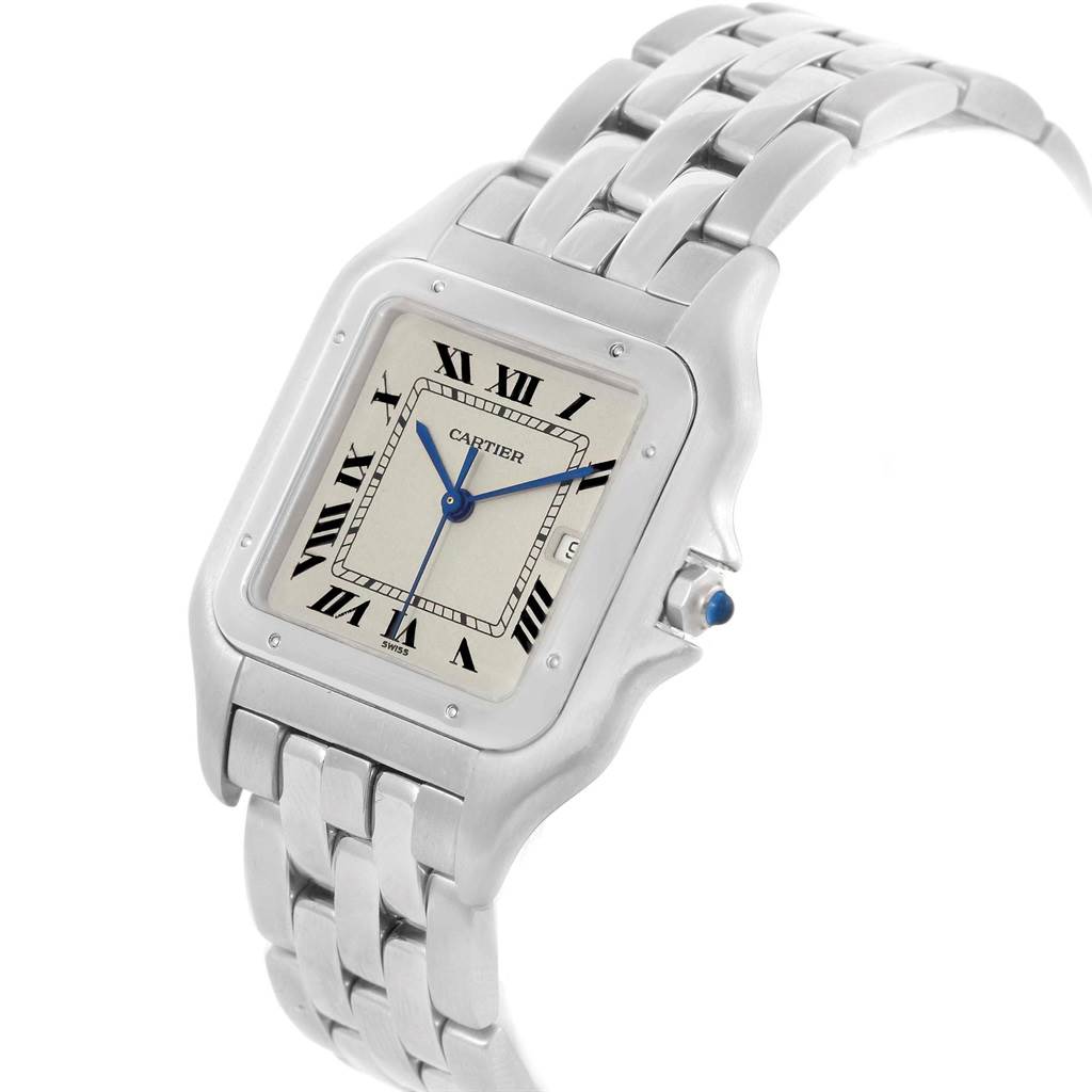 The image shows a Cartier Panthère watch at a slight angle, displaying the face, bezel, and bracelet.