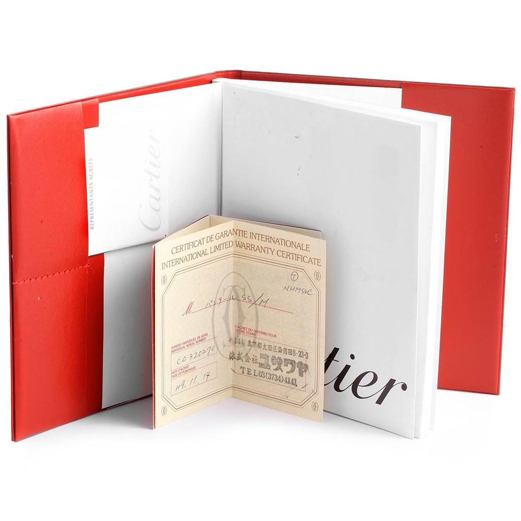 The image shows an international warranty certificate for a Cartier Panthere W25032P5 Stainless Steel Silver Dial W25032P5 Stainless Steel Silver Dial watch inside a red and white booklet.