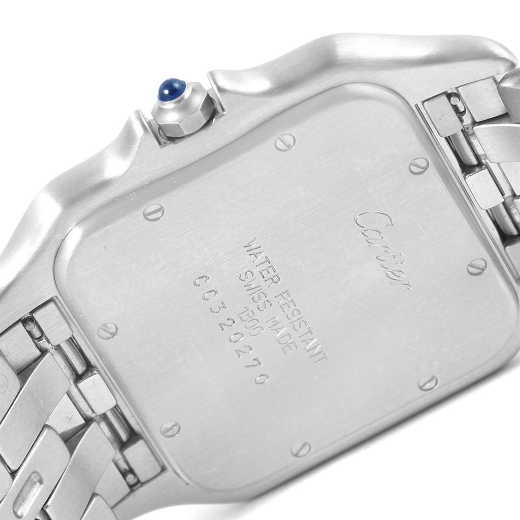 The image shows the back case of the Cartier Panthere W25032P5 Stainless Steel Silver Dial W25032P5 Stainless Steel Silver Dial watch from an underside angle.