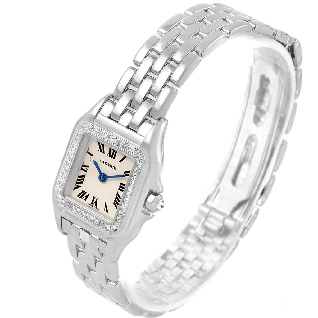 The image shows a Cartier Panthere WF3091F3 Women
s White Gold Silver Dial WF3091F3 Women
s White Gold Silver Dial watch at an angled side view, displaying its face, bezel, and metal bracelet.