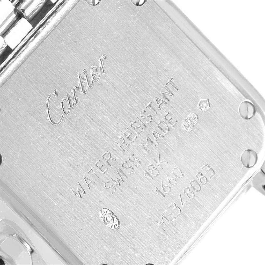The image shows the engraved case back of a Cartier Panthere WF3091F3 Women
s White Gold Silver Dial WF3091F3 Women
s White Gold Silver Dial watch, highlighting details like water resistance, Swiss origin, and material.