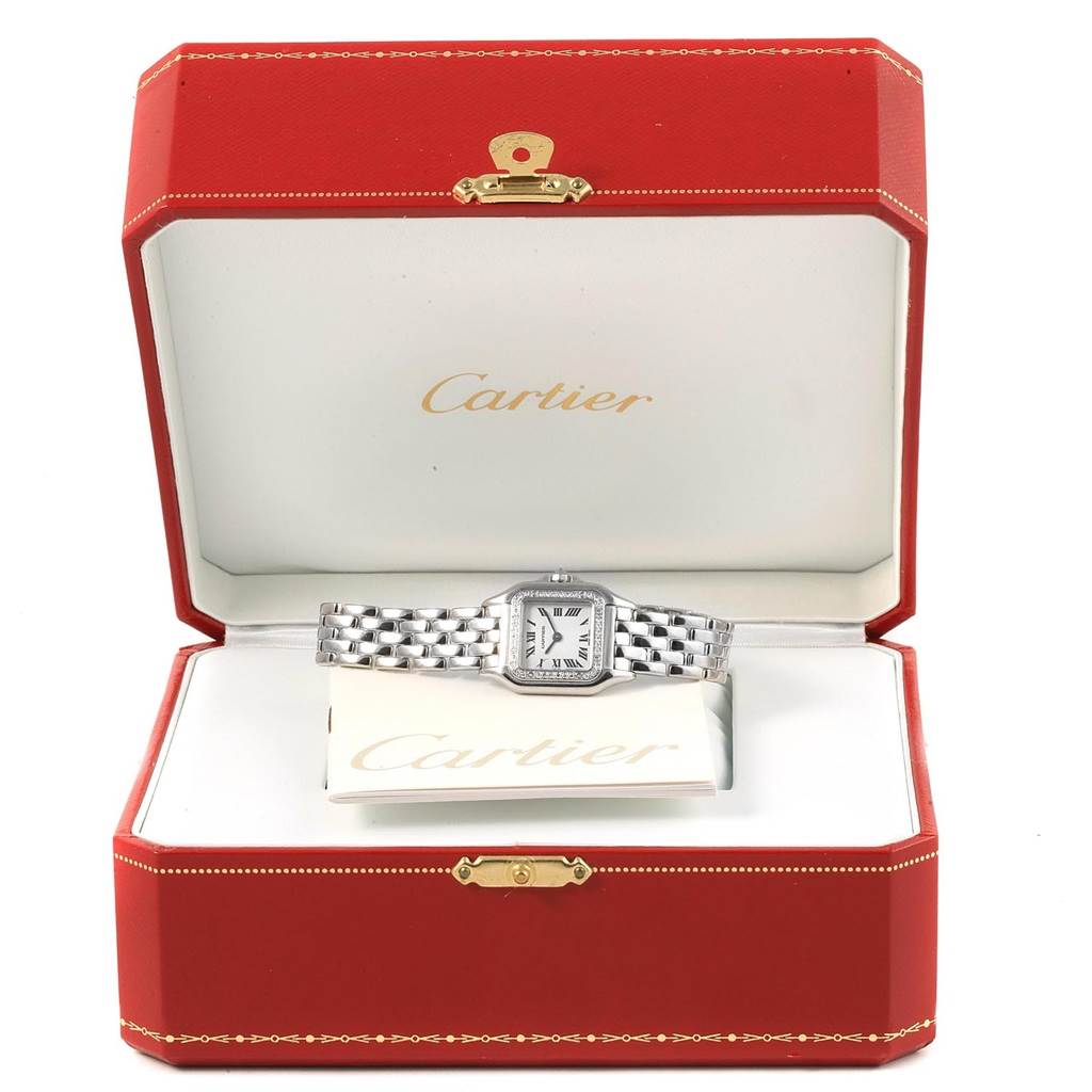 The Panthere model Cartier watch is shown in its open red case, displaying the face, bracelet, and Cartier branding.