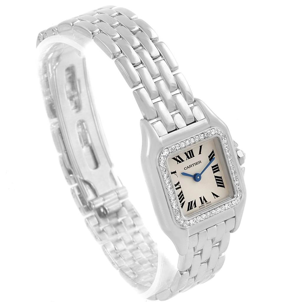 This image shows a Cartier Panthere WF3091F3 Women
s White Gold Silver Dial WF3091F3 Women
s White Gold Silver Dial watch at a slight angle, featuring its face, bracelet, and clasp.