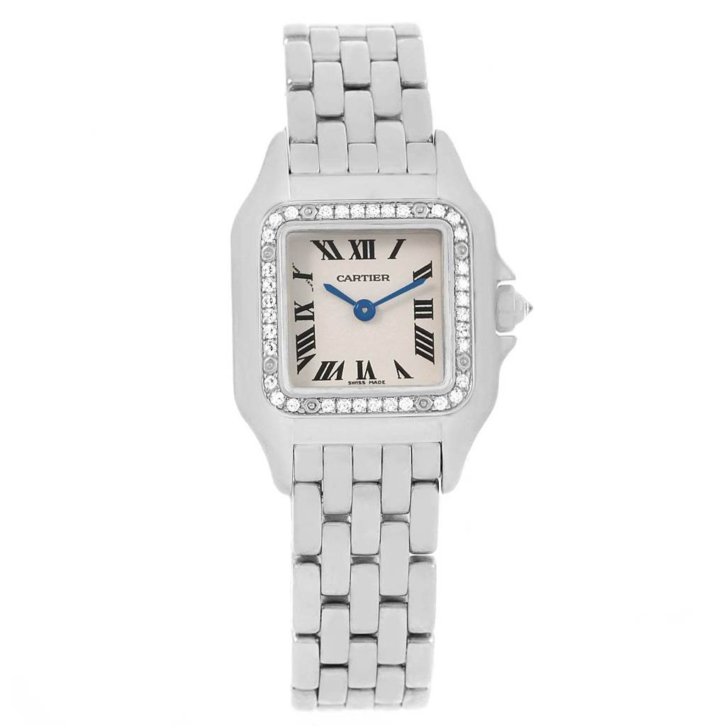The image shows the front view of a Cartier Panthere WF3091F3 Women
s White Gold Silver Dial WF3091F3 Women
s White Gold Silver Dial watch, featuring the dial, hour markers, hands, and bracelet.