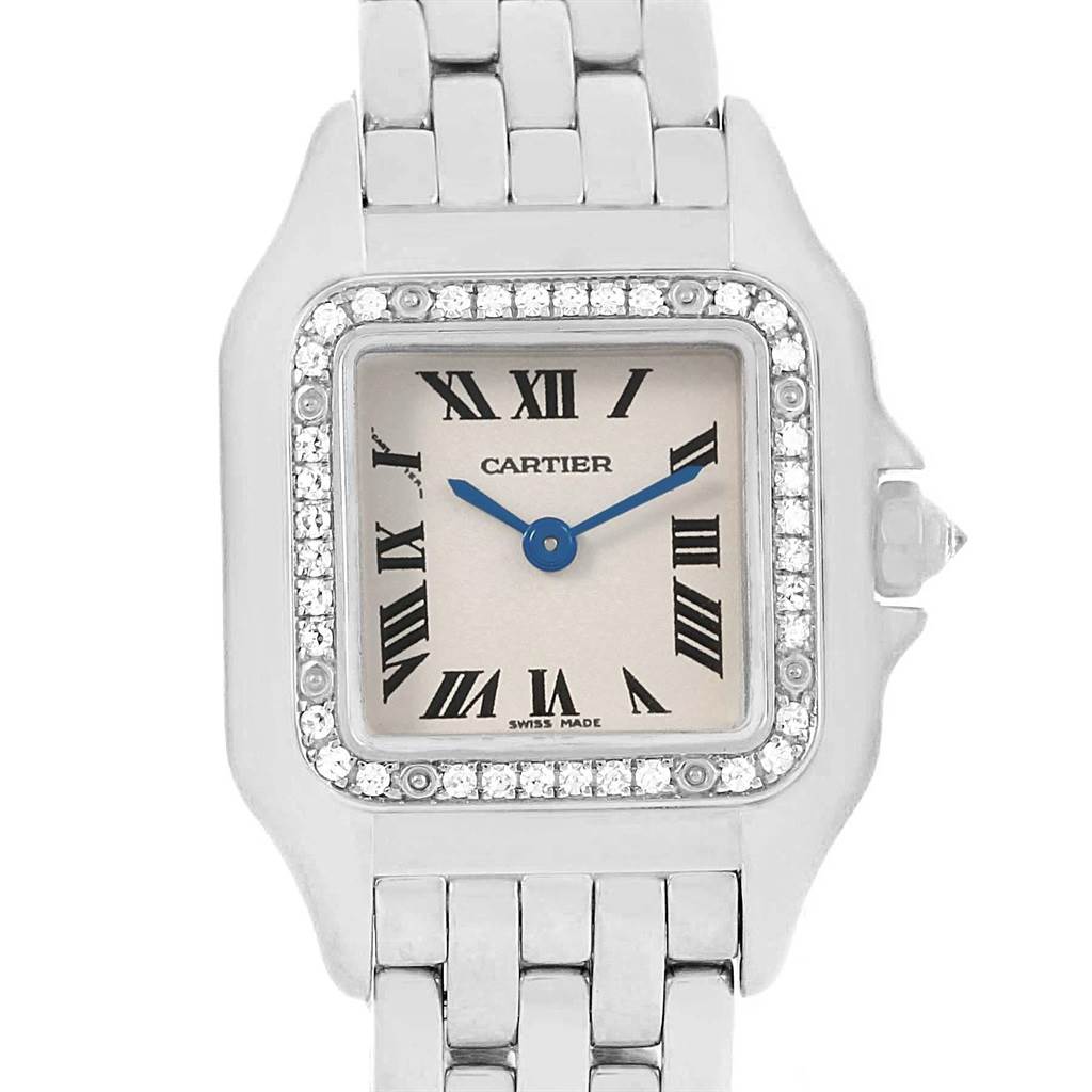 The image shows a close-up of the face and part of the bracelet of the Cartier Panthere WF3091F3 Women
s White Gold Silver Dial WF3091F3 Women
s White Gold Silver Dial watch.