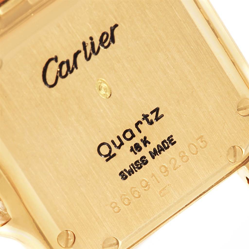 The image shows the back case of a Cartier Panthere Women's Yellow Gold Champagne Dial Women's Yellow Gold Champagne Dial Quartz watch, highlighting the brand name and model details.