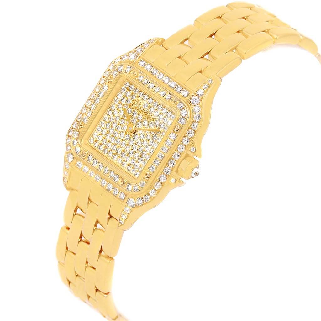 The Cartier Panthere Women's Yellow Gold Champagne Dial Women's Yellow Gold Champagne Dial watch is shown at a slight angle, highlighting its gold bracelet and diamond-encrusted square face.