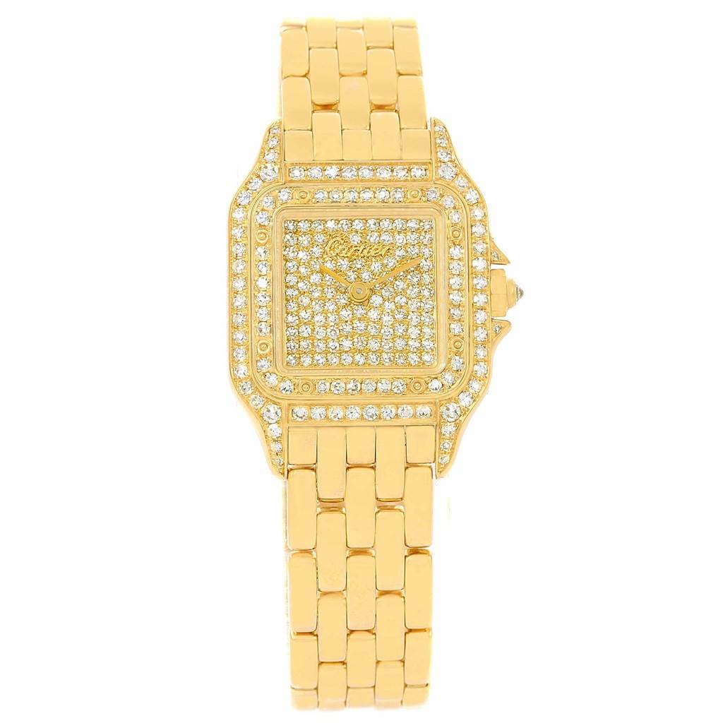 This image shows the front view of a Cartier Panthere Women's Yellow Gold Champagne Dial Women's Yellow Gold Champagne Dial model watch, highlighting its diamond-encrusted face and gold bracelet.