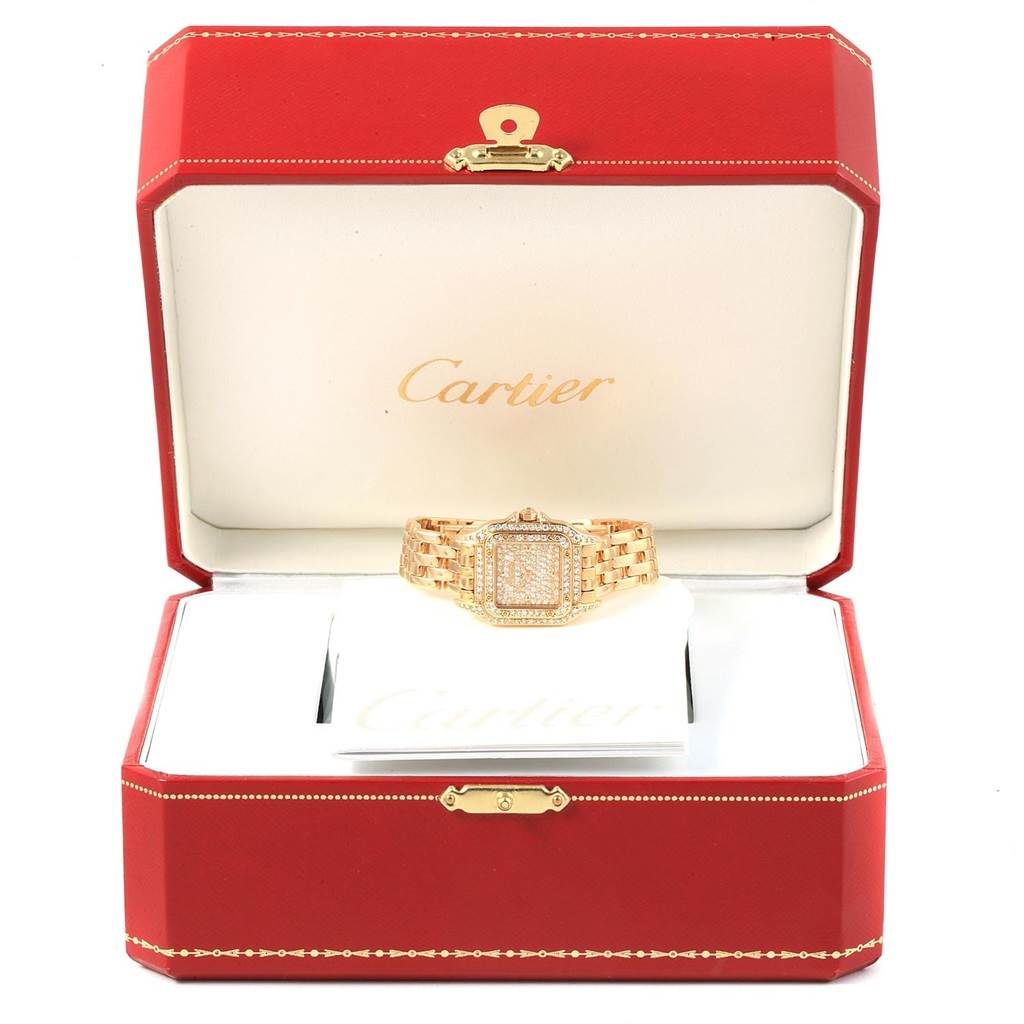 The Cartier Panthere Women's Yellow Gold Champagne Dial Women's Yellow Gold Champagne Dial watch is shown from the front, placed inside an open red Cartier box.