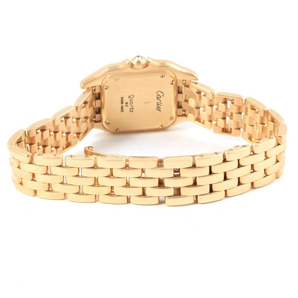 The image shows the back view of a Cartier Panthere Women's Yellow Gold Champagne Dial Women's Yellow Gold Champagne Dial watch, highlighting the gold case and bracelet.