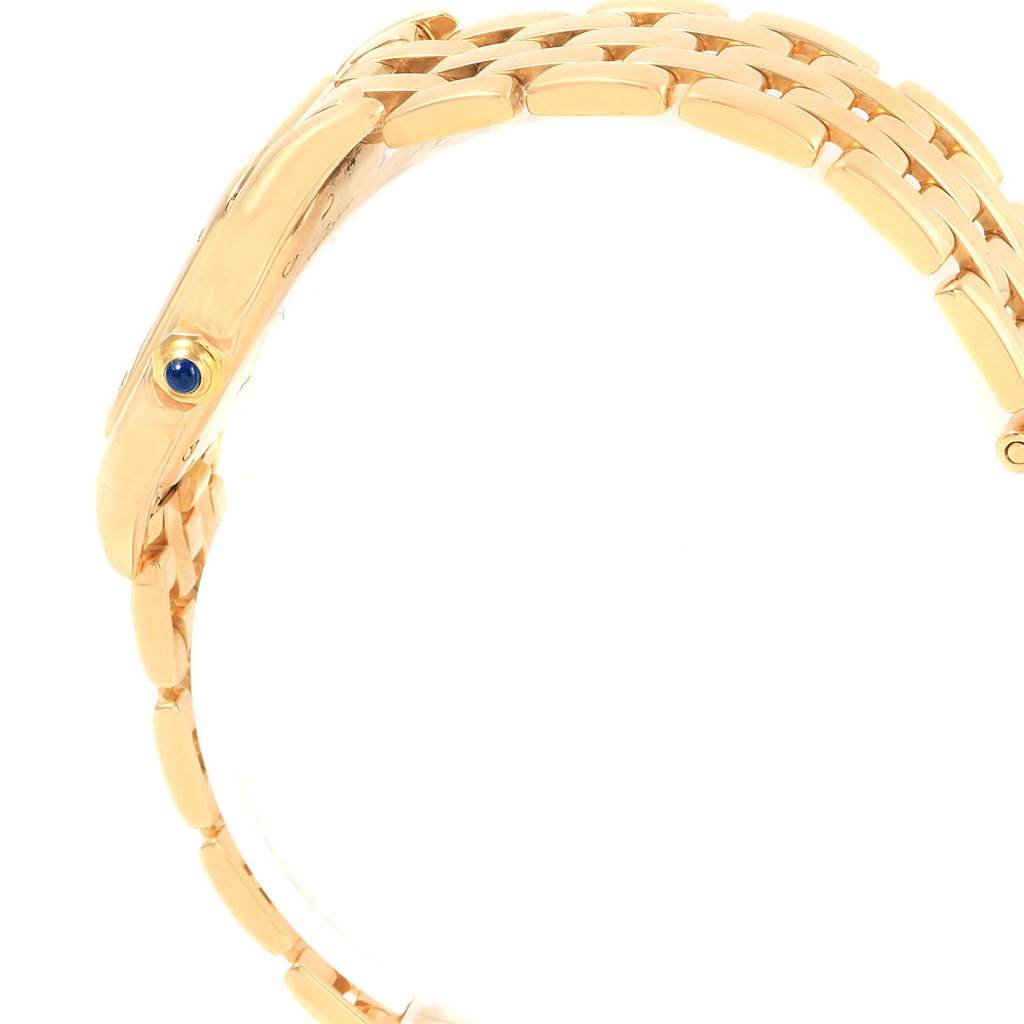 The image shows a side view of the gold bracelet and crown of a Cartier Panthere W25022B9 Women's Yellow Gold Silver Dial W25022B9 Women's Yellow Gold Silver Dial model watch.