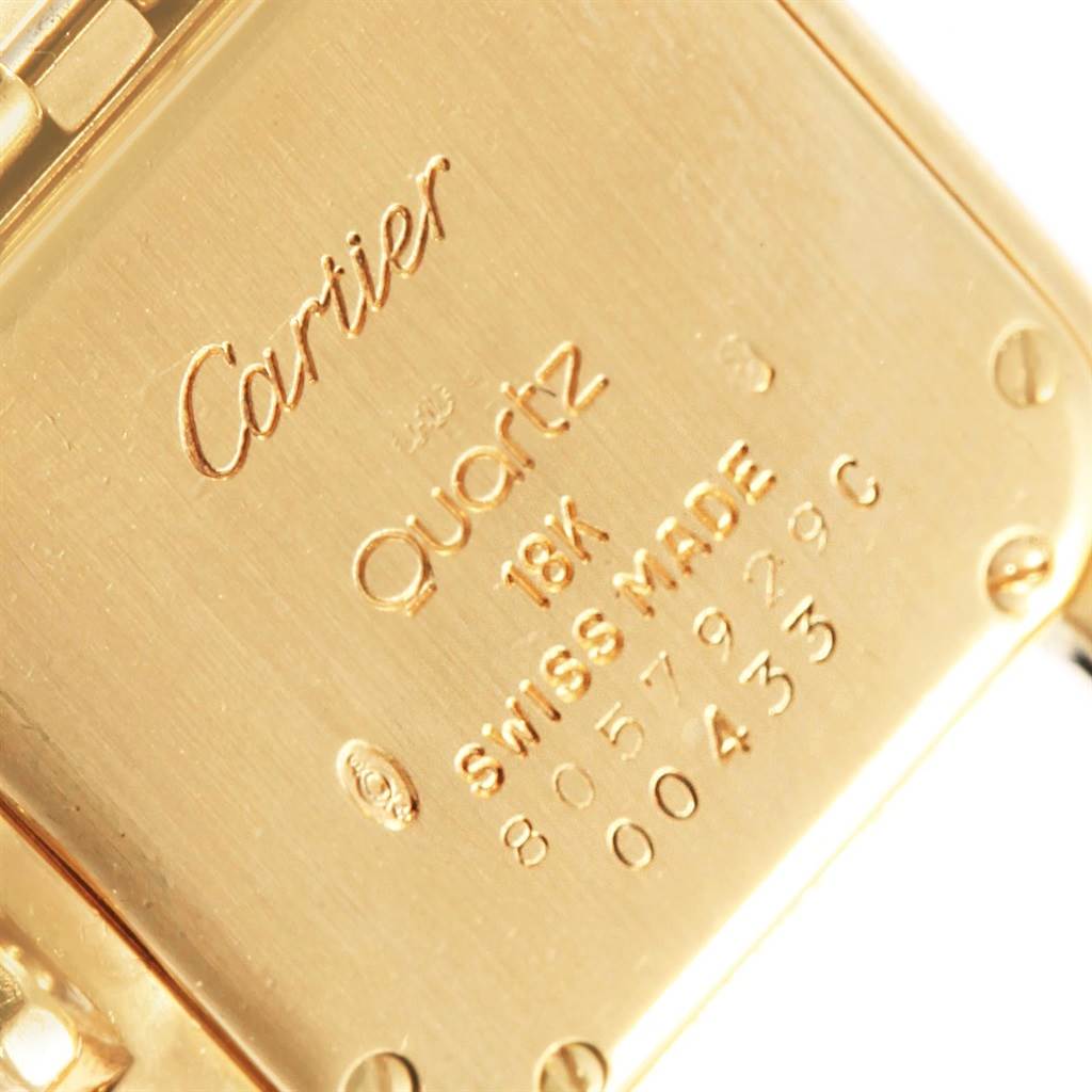 This image shows the back of the Cartier Panthere W25022B9 Women's Yellow Gold Silver Dial W25022B9 Women's Yellow Gold Silver Dial watch, highlighting the brand name, model details, and serial number.