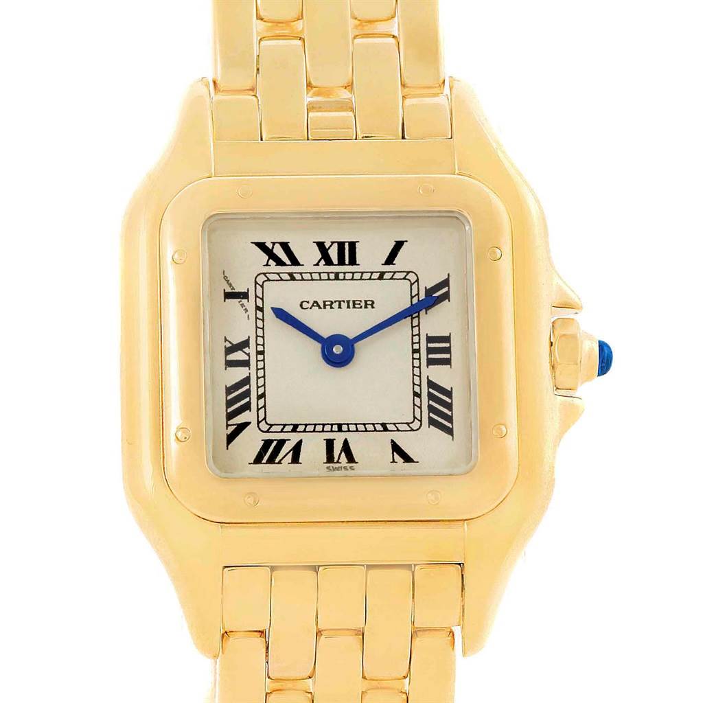 This image shows a close-up front view of the Cartier Panthere W25022B9 Women's Yellow Gold Silver Dial W25022B9 Women's Yellow Gold Silver Dial watch, highlighting its dial, hands, bracelet, and crown.