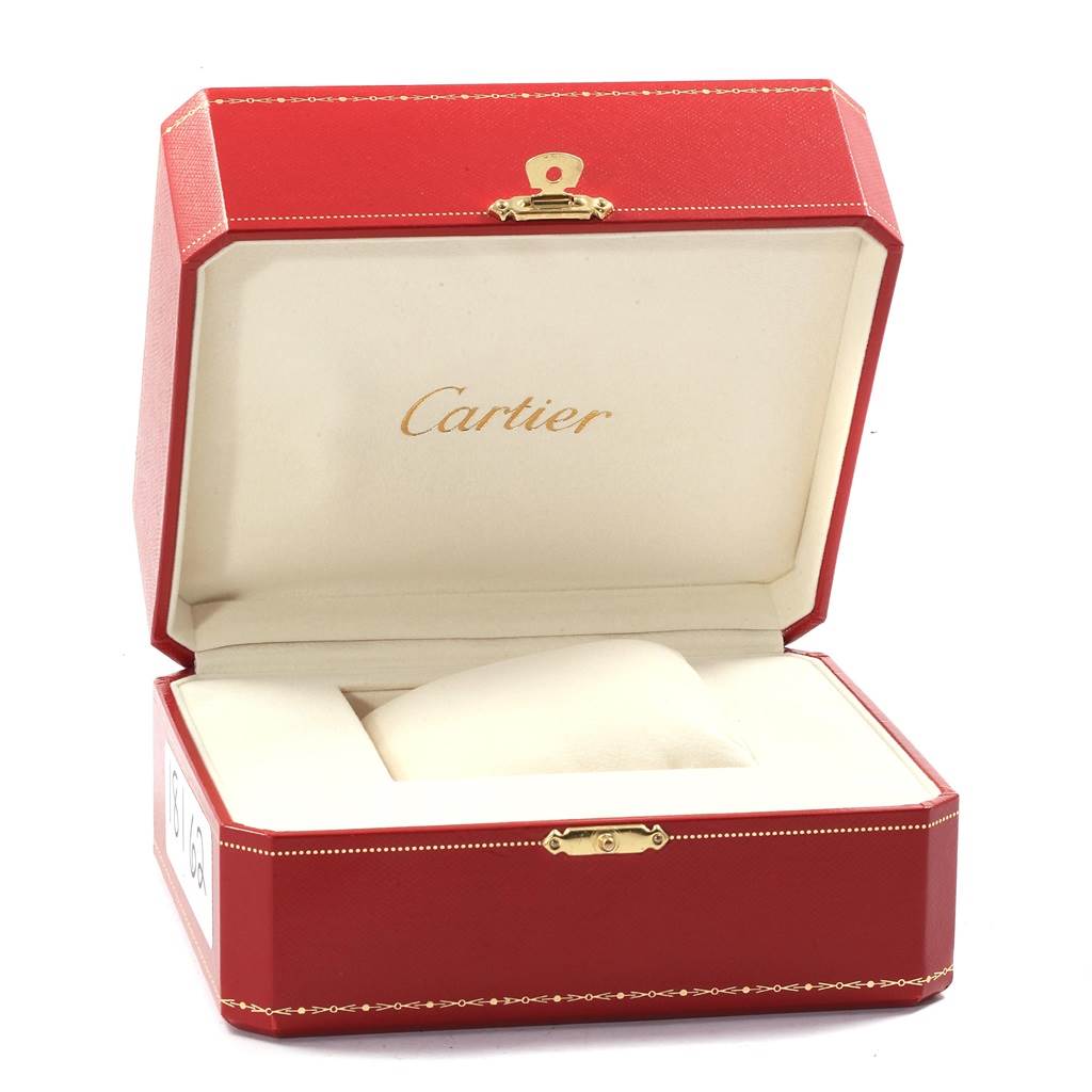 The Cartier Panthere W25022B9 Women's Yellow Gold Silver Dial W25022B9 Women's Yellow Gold Silver Dial watch box is shown open, highlighting its red exterior and cream interior with a plush pillow for the watch.