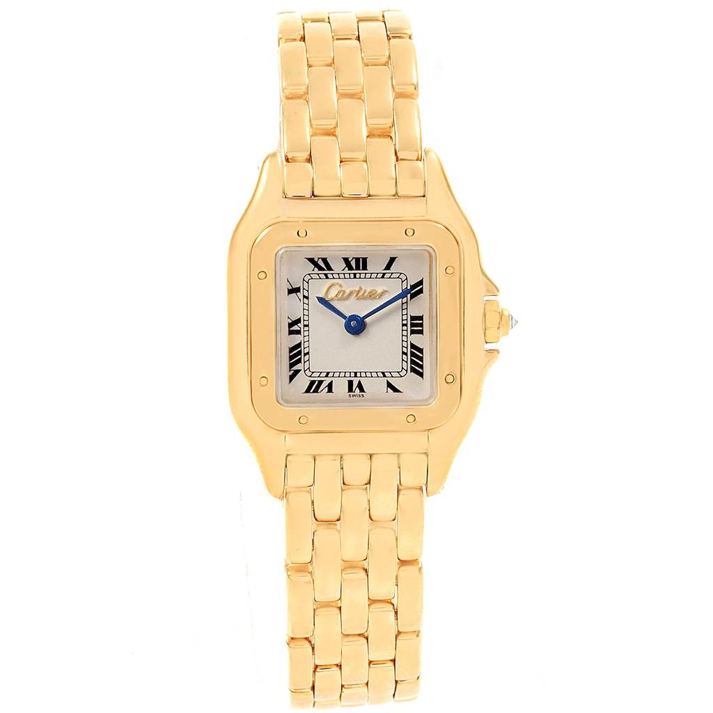 The image shows a Cartier Panthere W25022B9 Women's Yellow Gold Silver Dial W25022B9 Women's Yellow Gold Silver Dial model watch from a top view, displaying its gold bracelet, square dial, and blue hands.