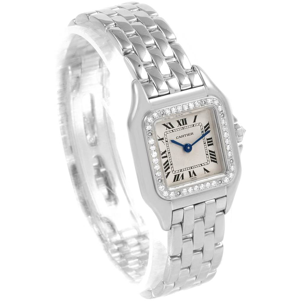 The image shows a Panthere de Cartier watch at a three-quarter angle, highlighting its face, bracelet, and bezel details.