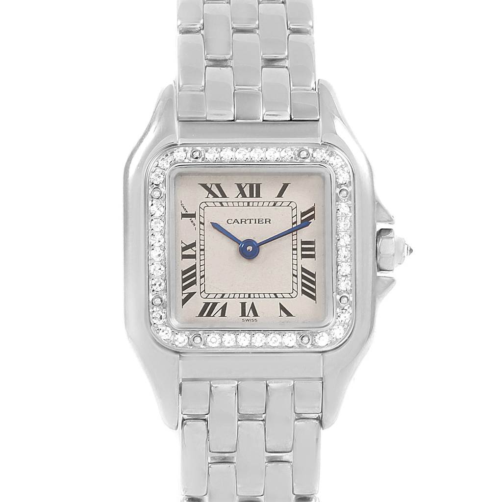 The image shows a front view of a Cartier Panthere WF3091F3 Women
s White Gold Silver Dial WF3091F3 Women
s White Gold Silver Dial watch, highlighting the face, bezel, and a portion of the bracelet.