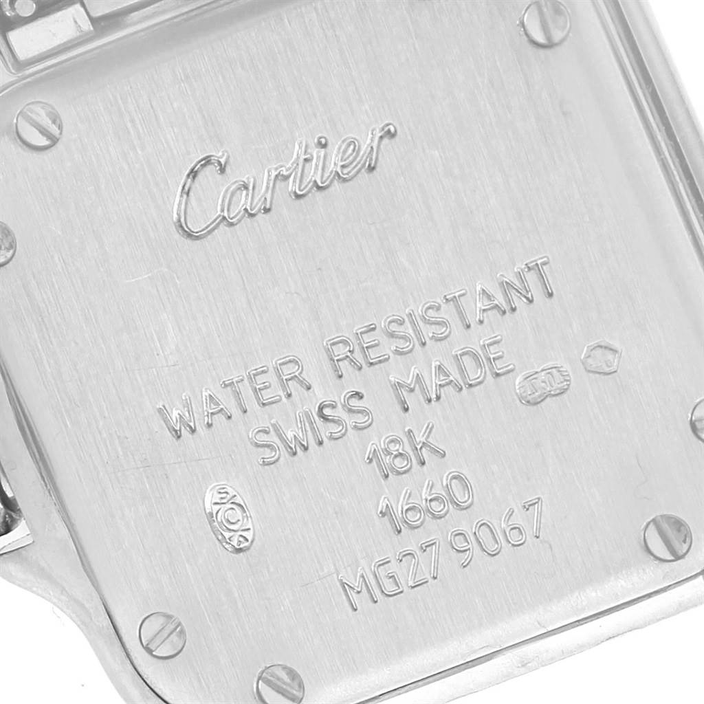 This image shows a close-up of the case back of a Cartier Panthere WF3091F3 Women
s White Gold Silver Dial WF3091F3 Women
s White Gold Silver Dial watch, highlighting the brand
s engraving and specifications.
