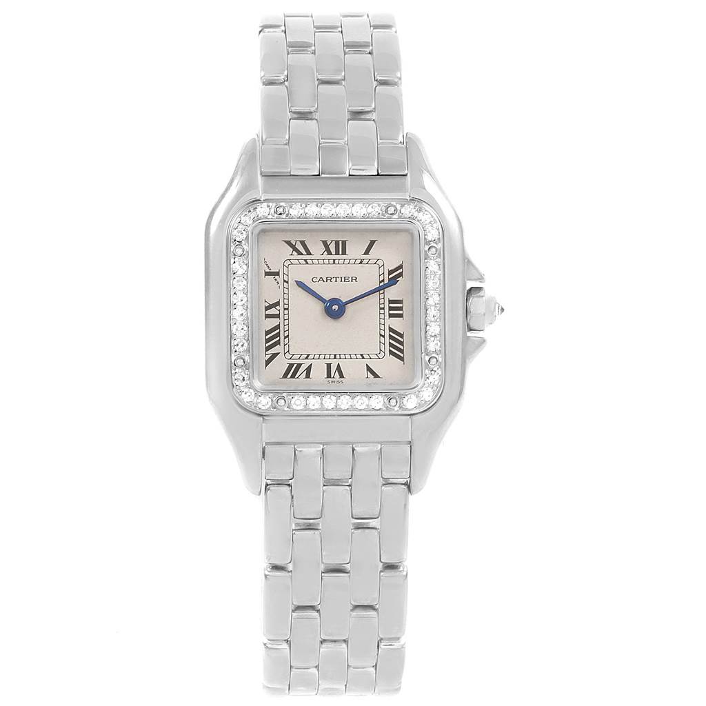 The image shows a front view of the Cartier Panthere WF3091F3 Women
s White Gold Silver Dial WF3091F3 Women
s White Gold Silver Dial watch, displaying its face, bezel, and bracelet.