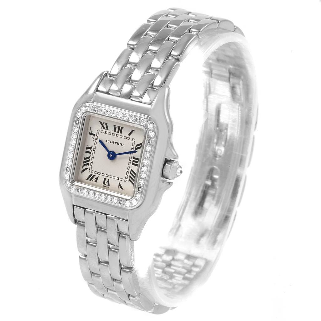 The image shows a Cartier Panthere WF3091F3 Women
s White Gold Silver Dial WF3091F3 Women
s White Gold Silver Dial model watch at a slight angle, displaying the face, bezel, crown, and bracelet.