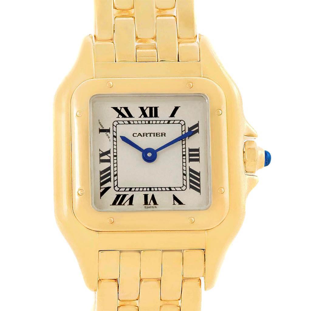 This image shows a close-up view of the Panthere watch by Cartier, featuring the dial, hands, and part of the bracelet.