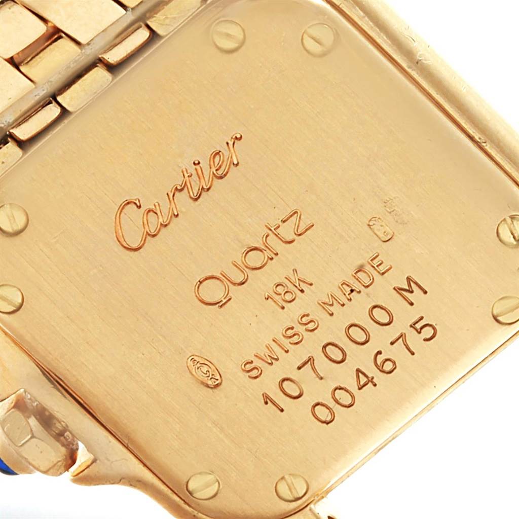 This is a close-up view of the back of a Panthère de Cartier watch, displaying its brand, model, and specifications.