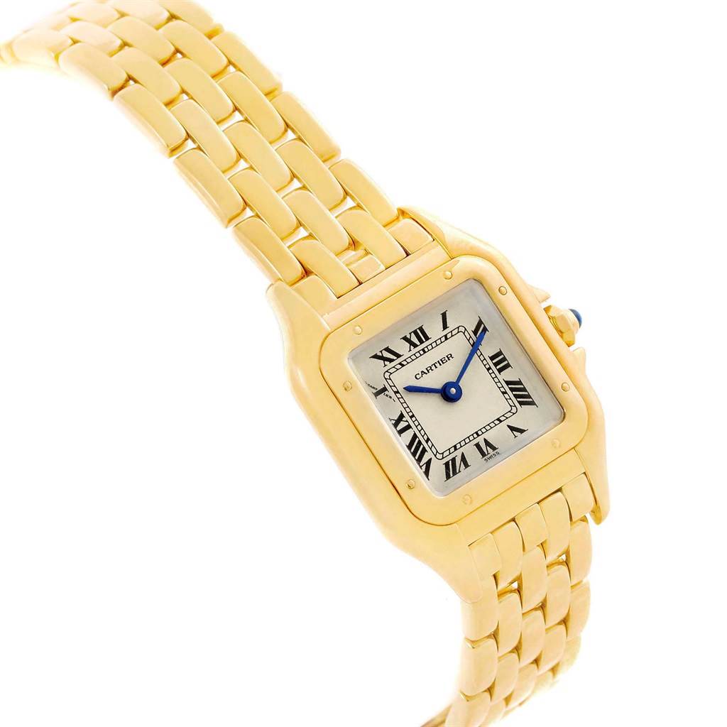 The image shows a Cartier Panthere W25022B9 Women's Yellow Gold Silver Dial W25022B9 Women's Yellow Gold Silver Dial model watch at an angled view highlighting the bracelet and square dial with roman numerals.