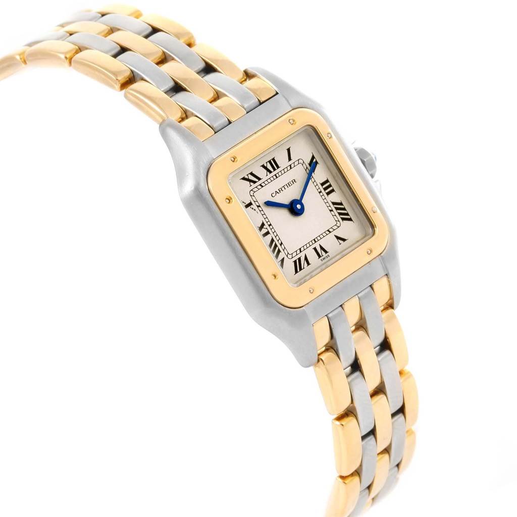 The image shows a Panthère de Cartier watch at an angled view, highlighting its two-tone bracelet and square face with Roman numerals.