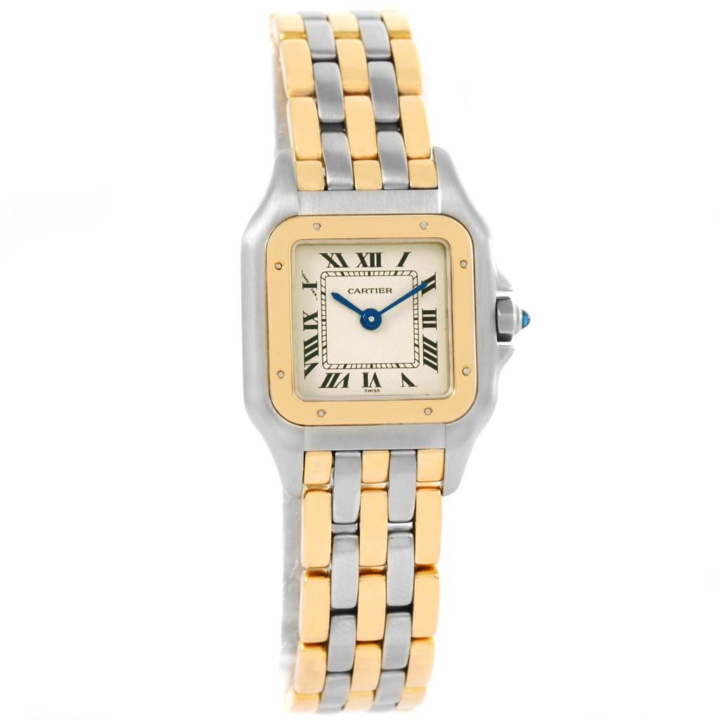 The image shows a front view of a Cartier Panthere W25029B6 Women's Stainless Steel Beige Dial W25029B6 Women's Stainless Steel Beige Dial model watch, highlighting its square face, Roman numerals, and two-tone metal band.