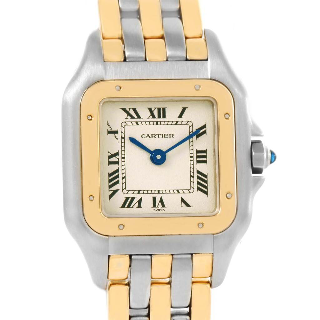 The image shows a frontal view of the Cartier Panthere W25029B6 Women's Stainless Steel Beige Dial W25029B6 Women's Stainless Steel Beige Dial watch, highlighting its dial, bezel, crown, and part of its bracelet.
