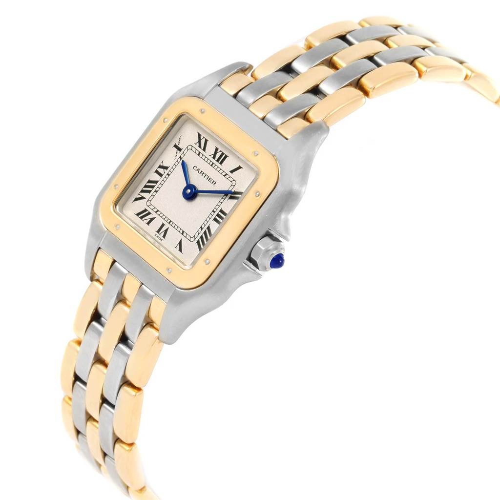 The Cartier Panthere W25029B6 Women's Stainless Steel Beige Dial W25029B6 Women's Stainless Steel Beige Dial watch is shown from an angled top view, highlighting its dial, bezel, crown, and two-tone bracelet.