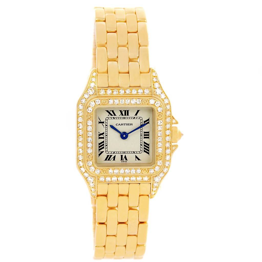 The image shows a front view of a Cartier Panthere WF3072B9 Women's Yellow Gold Silver Dial WF3072B9 Women's Yellow Gold Silver Dial watch, highlighting its gold band and diamond-encrusted bezel.