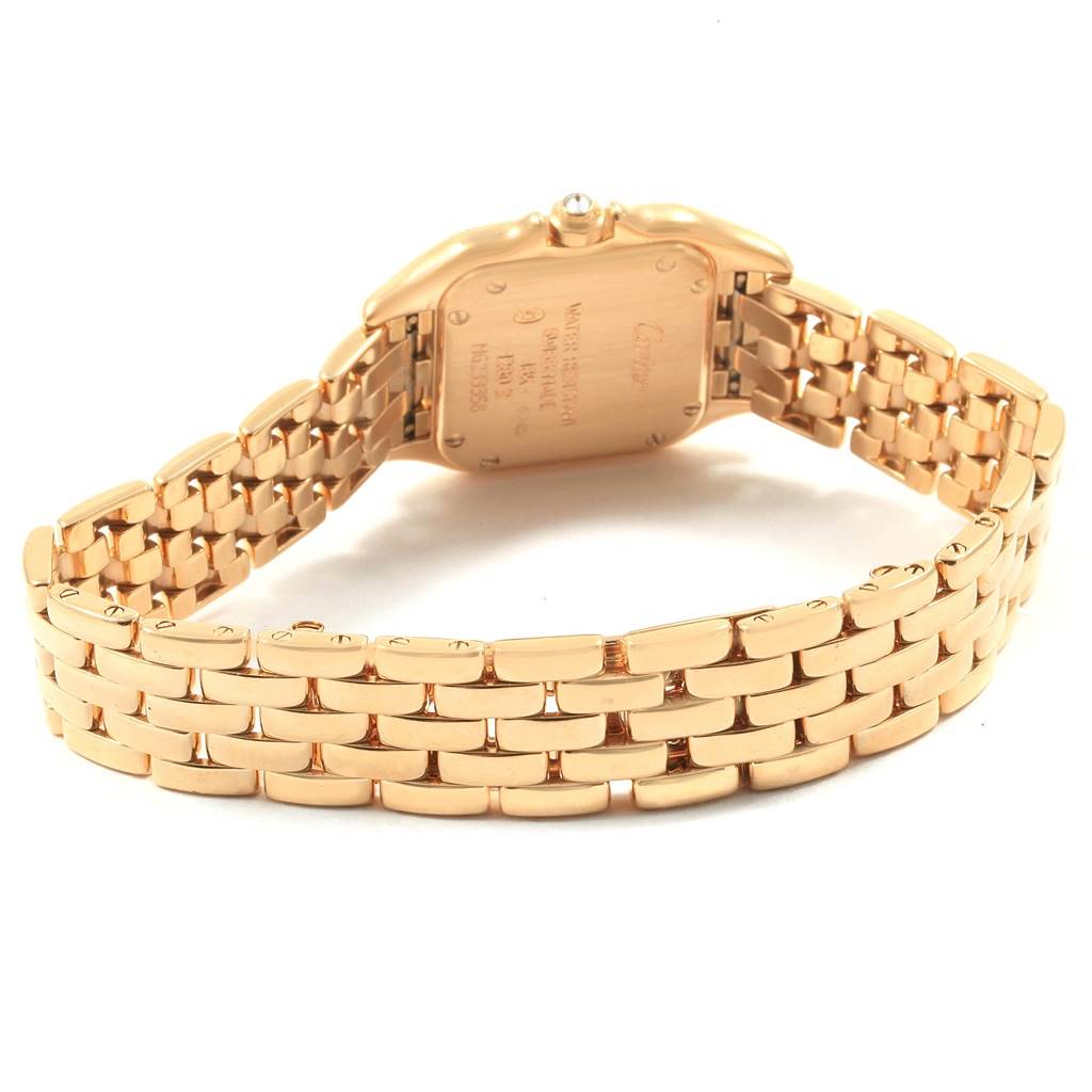 This image shows the back view of the Cartier Panthere WF3072B9 Women's Yellow Gold Silver Dial WF3072B9 Women's Yellow Gold Silver Dial model watch, focusing on its gold bracelet and case back.