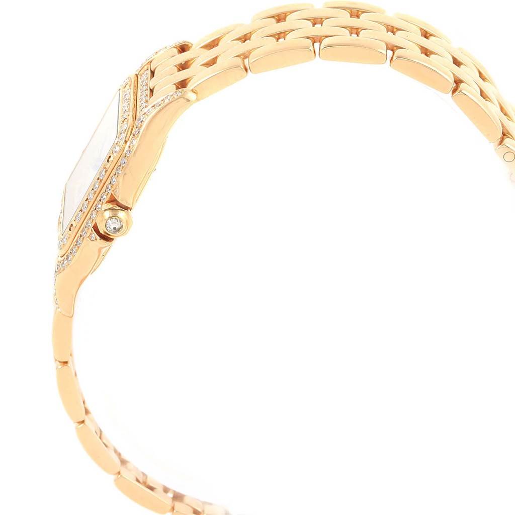 The image shows a side view of the Cartier Panthere WF3072B9 Women's Yellow Gold Silver Dial WF3072B9 Women's Yellow Gold Silver Dial watch, highlighting its gold bracelet and diamond-encrusted case.