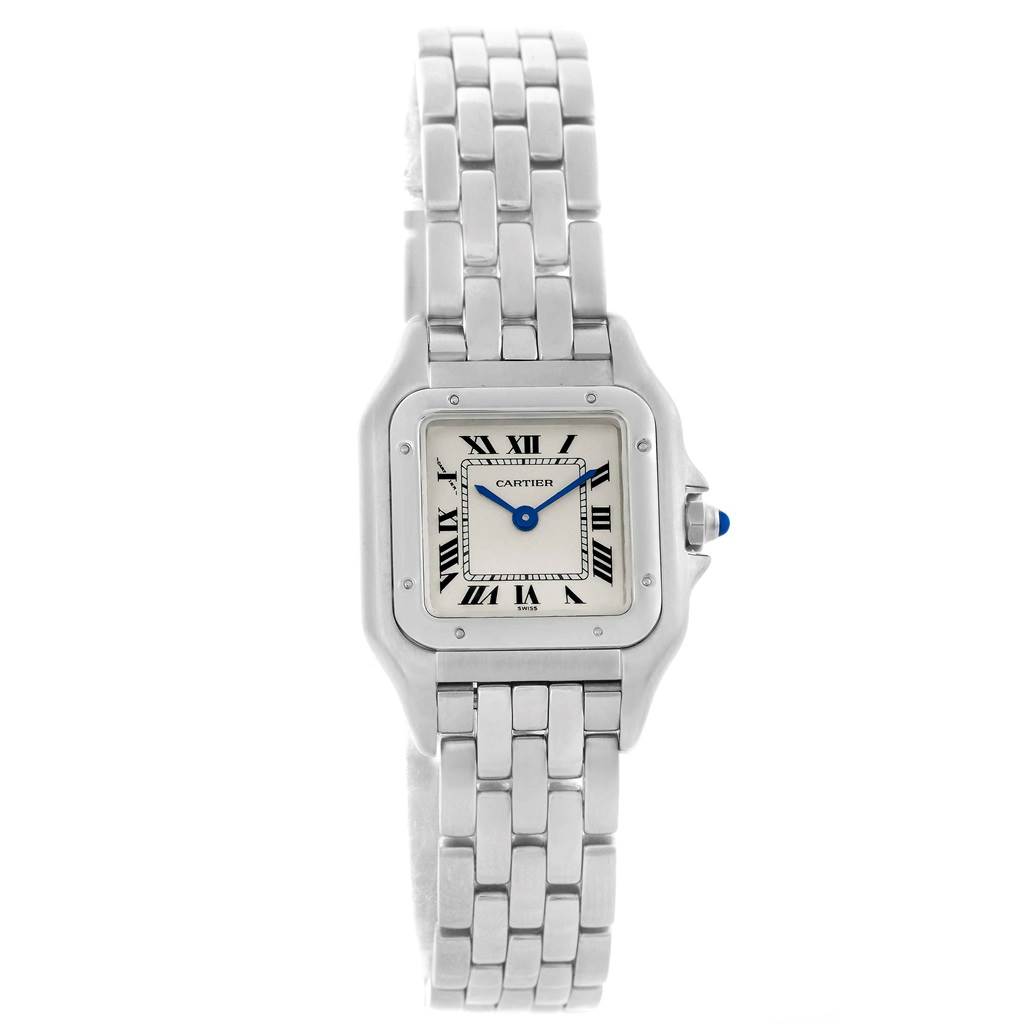The image shows a frontal view of the Cartier Panthere W25033P5 Women
s Stainless Steel Silver Dial W25033P5 Women
s Stainless Steel Silver Dial watch, featuring its face and metal bracelet.