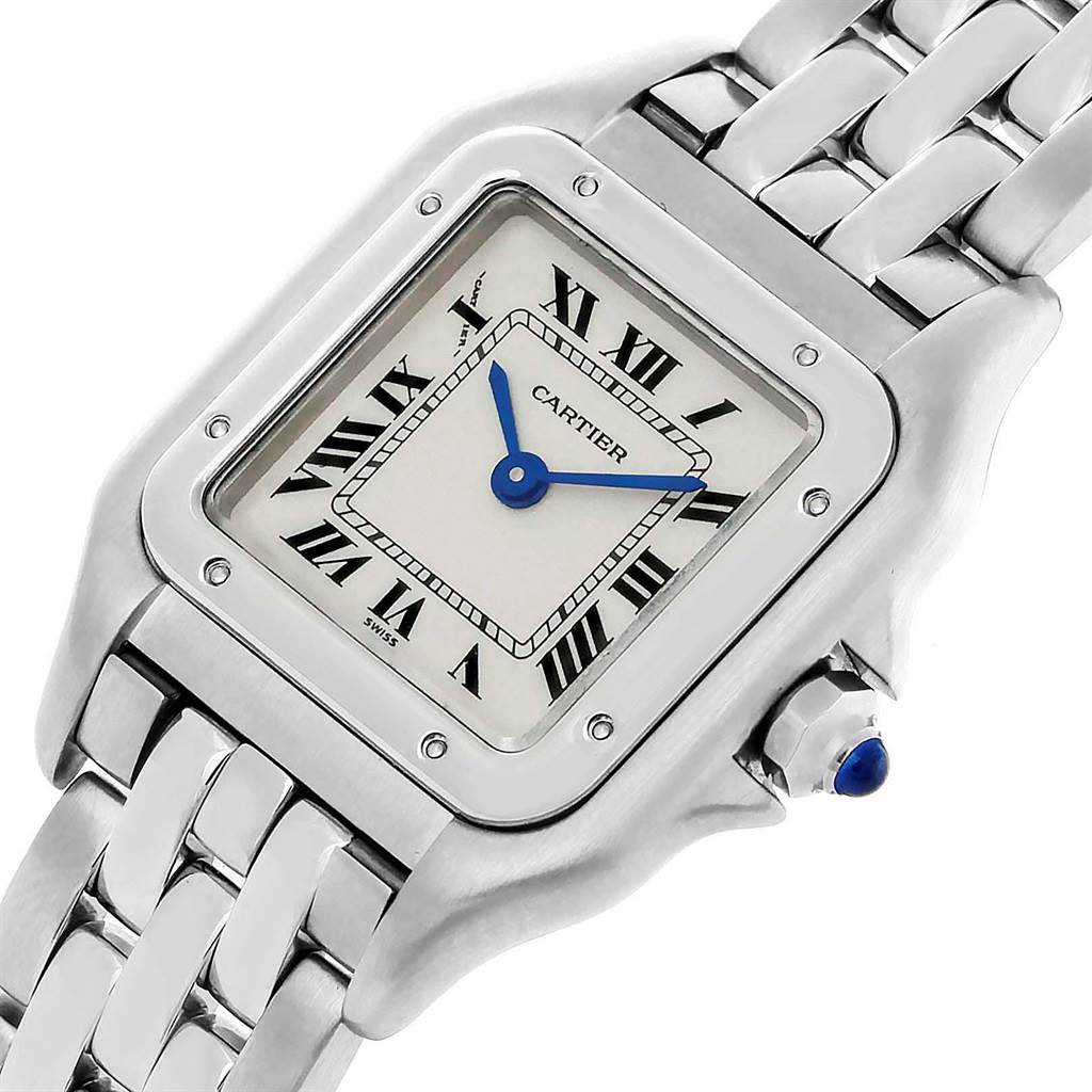The image shows a close-up of the Cartier Panthere W25033P5 Women
s Stainless Steel Silver Dial W25033P5 Women
s Stainless Steel Silver Dial model watch displaying its face, bezel, crown, and part of the bracelet.