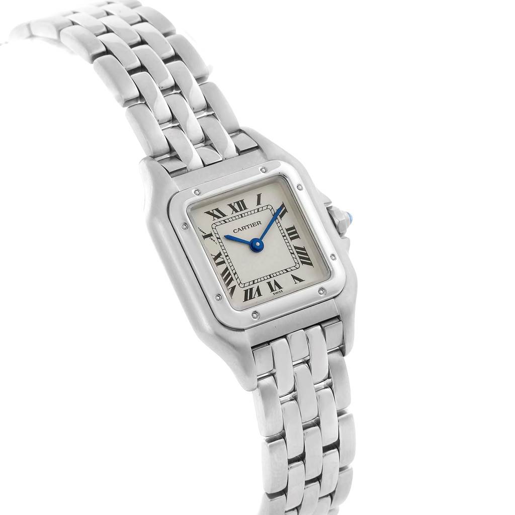 The image shows a Cartier Panthere W25033P5 Women
s Stainless Steel Silver Dial W25033P5 Women
s Stainless Steel Silver Dial model watch from an angled view, displaying the face, bracelet, and crown.