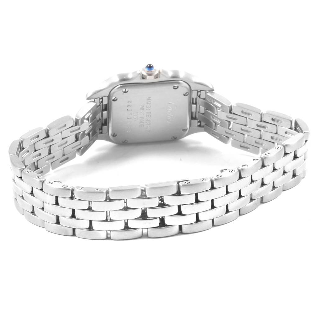 The image shows the back view of a Cartier Panthere W25033P5 Women
s Stainless Steel Silver Dial W25033P5 Women
s Stainless Steel Silver Dial model watch, highlighting the bracelet and case back.