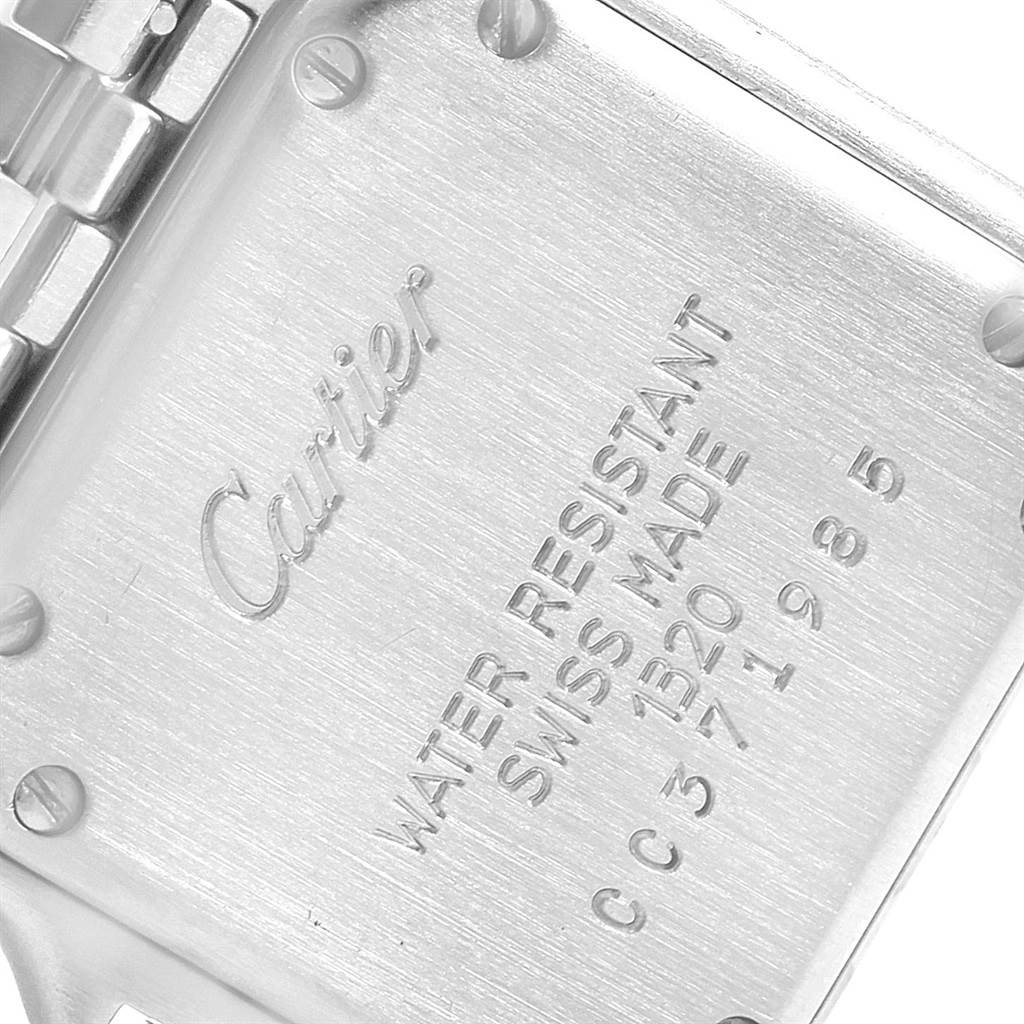 This image shows the back case of the Panthere model watch by Cartier, highlighting its engravings and part of the bracelet.
