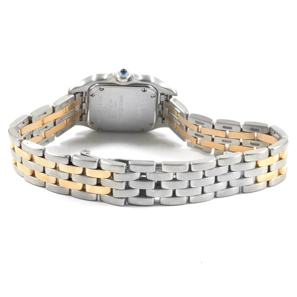 The image shows the back view of a Cartier Panthere W25029B6 Women
s Stainless Steel Silver Dial W25029B6 Women
s Stainless Steel Silver Dial watch, highlighting its two-tone bracelet and case back.