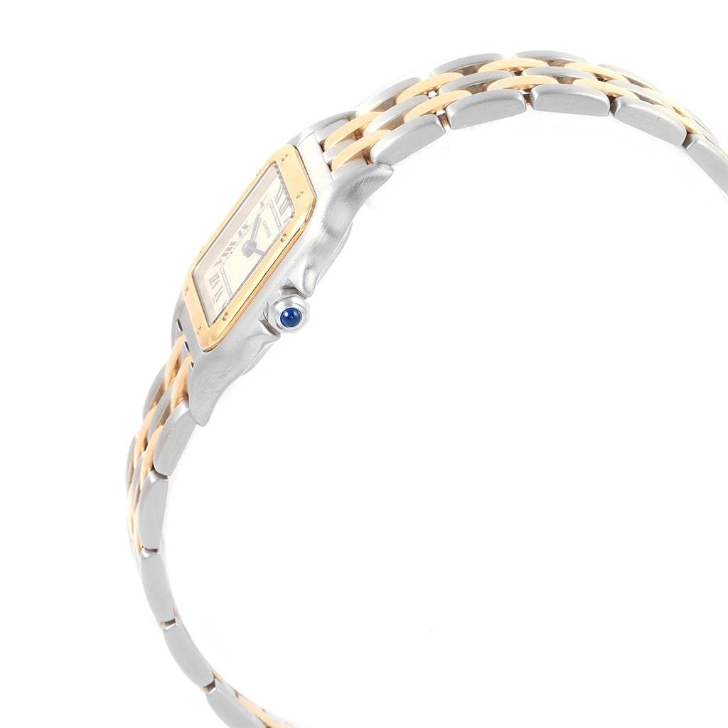 This image shows a side angle of the Cartier Panthere W25029B6 Women
s Stainless Steel Silver Dial W25029B6 Women
s Stainless Steel Silver Dial model watch, highlighting its bracelet and crown with a blue cabochon.