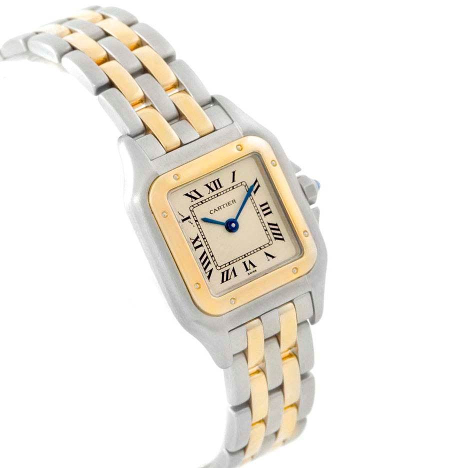 The image shows a Cartier Panthere W25029B6 Women
s Stainless Steel Silver Dial W25029B6 Women
s Stainless Steel Silver Dial model watch at an oblique angle, highlighting its face and two-tone metal bracelet.