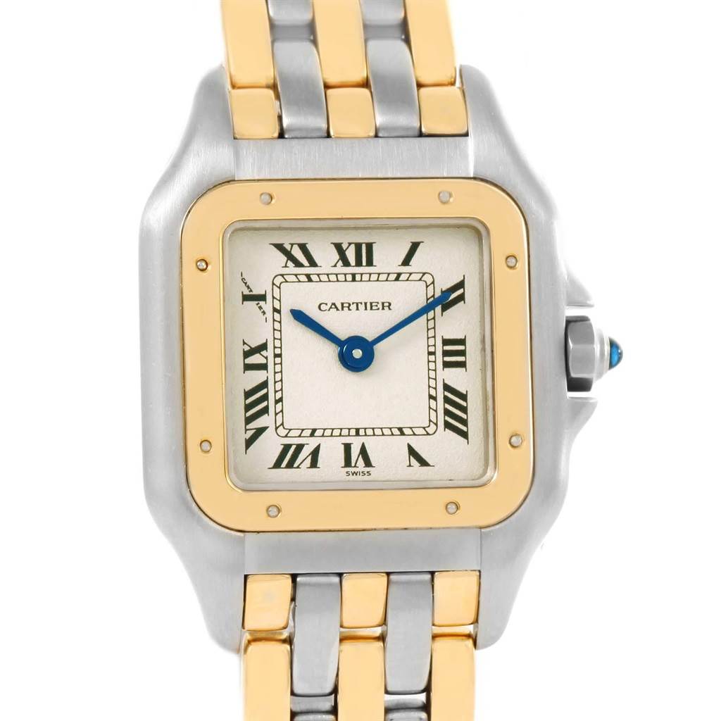 The image shows a front view of a Cartier Panthere W25029B6 Women's Stainless Steel Beige Dial W25029B6 Women's Stainless Steel Beige Dial watch, highlighting its face, bezel, and portions of the band.