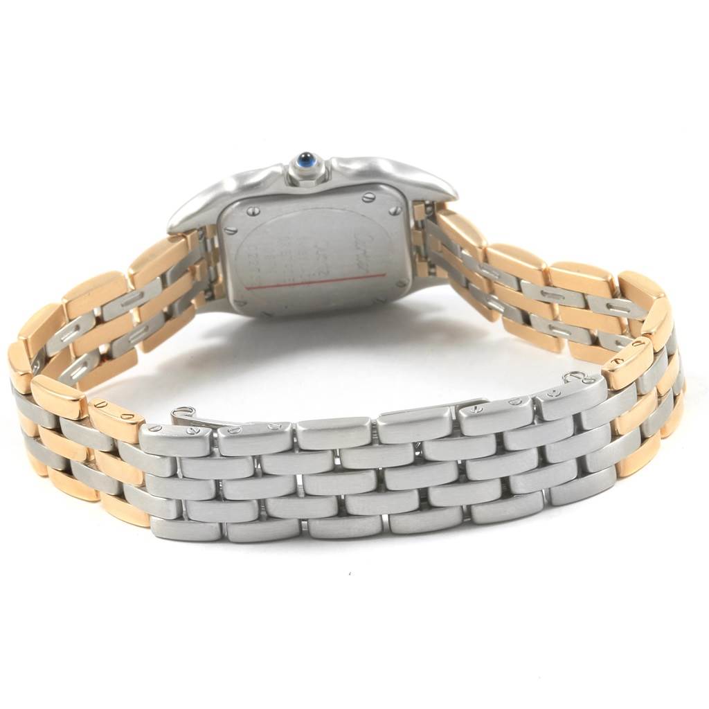 The image shows the back view of a Cartier Panthere W25029B6 Women's Stainless Steel Beige Dial W25029B6 Women's Stainless Steel Beige Dial watch, highlighting its two-tone metal bracelet and case back.